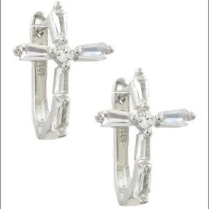 Savvy Cie Rhodium CZ Cross Huggie Earrings